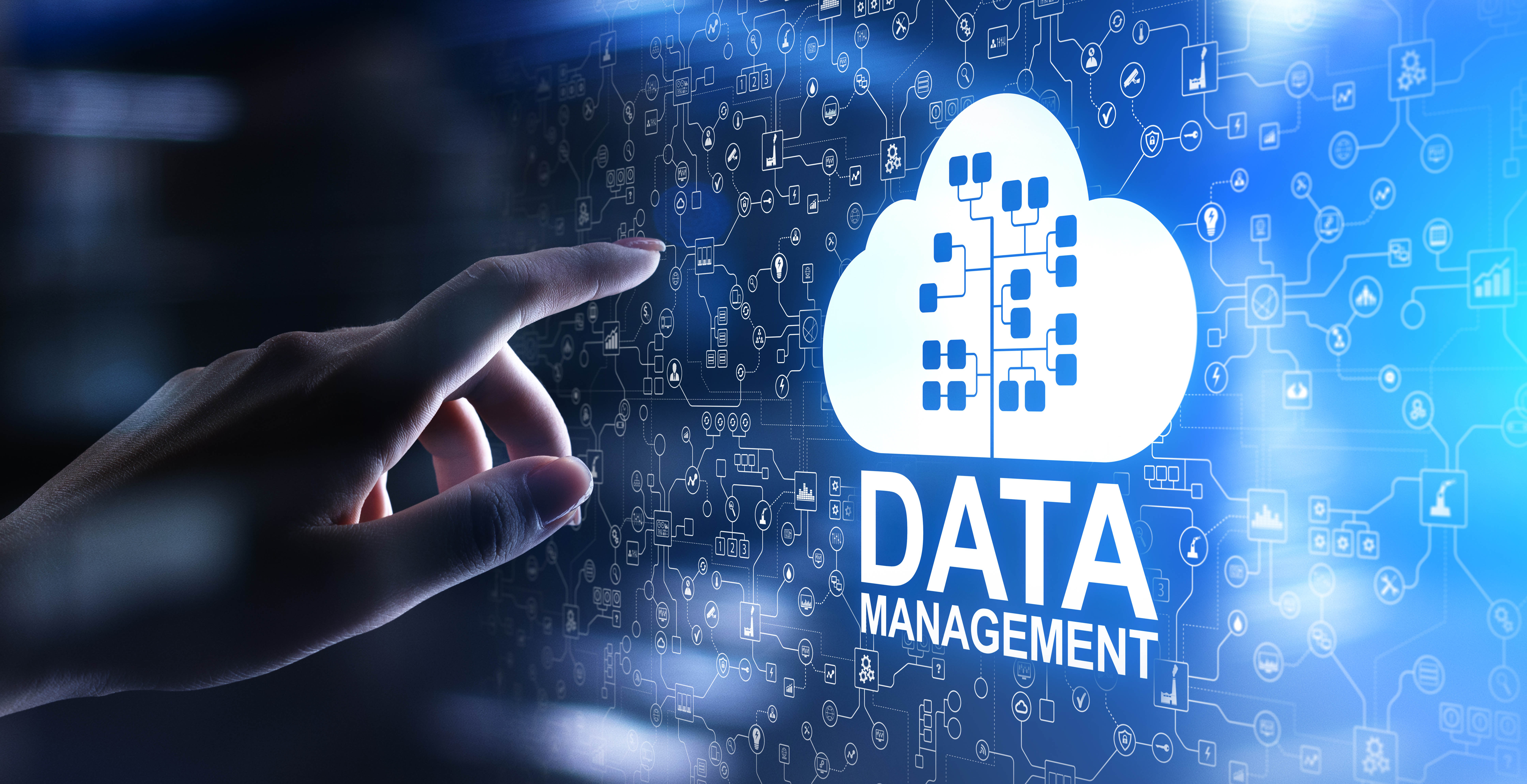 image of hand reaching out to touch a blue touch screen with a white cloud containing a blue data tree and the words data management beneath the cloud